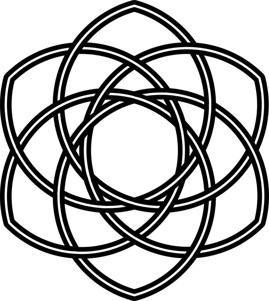 black and white line drawing showing the six point celtic knot with crossing intersections