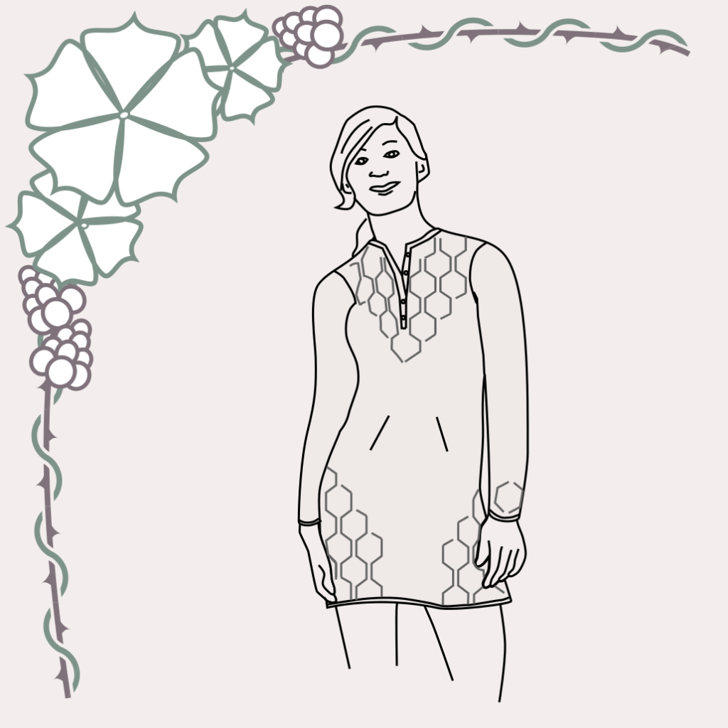 a line drawing of a croquis wearing a long line henley sweater, with diamond detail at the nedkline and sides.