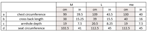 table showing measurements for several different sizes of henley