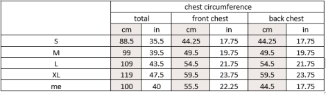 table showing measurements for several different sizes of henley