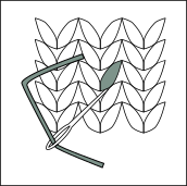 a black and white line drawing depicting 5 rows of three stitches in stocking stitch. A needle is inserted through one of the stitches from front to back. Duplicate stitches are picked out in green