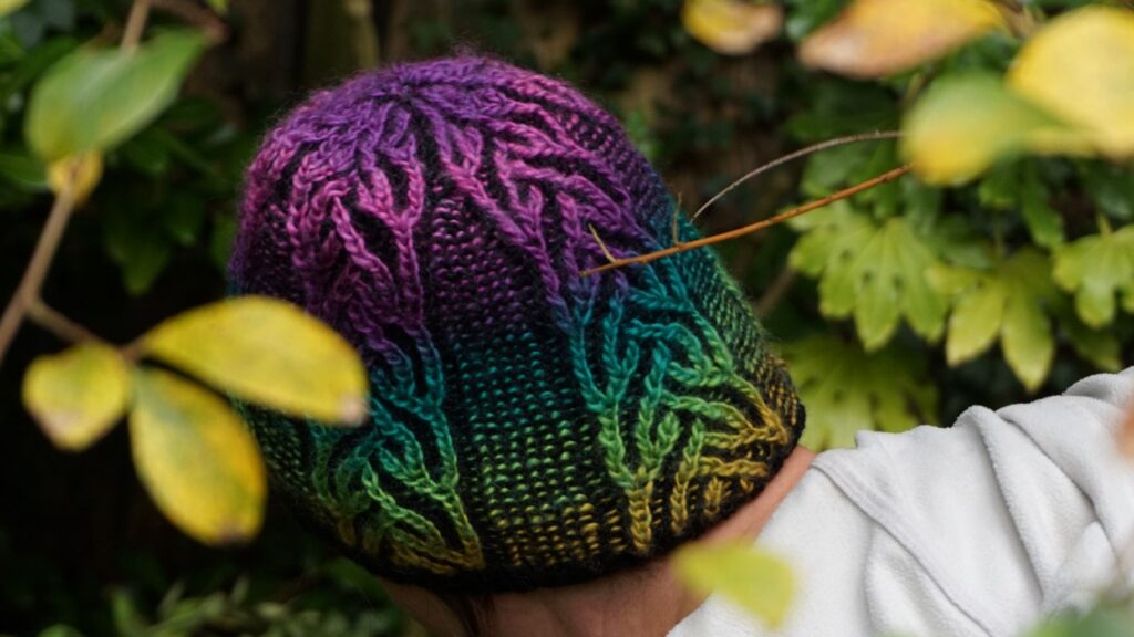 A person wearing a hat can be seen through leaves. the hat is black with rainbow coloured brioche cables separated by garter stitch panels.