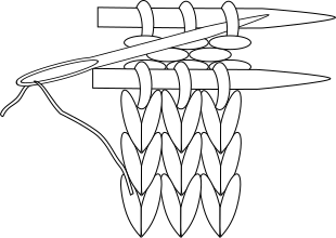 black and white line drawing showing yarn needle knitwise through first stitch on the back needle