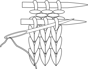black and white line drawing showing yarn needle knitwise through first stitch on the front needle