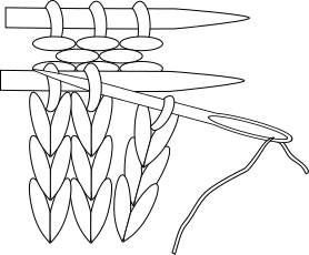 black and white line drawing showing yarn needle purlwise through first stitch on the front needle, with one stitch slipped onto yarn needle.