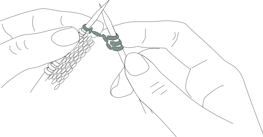 diagram showing edging stitches in green on working needle and last edge stitch together with main stitches on holding needle.